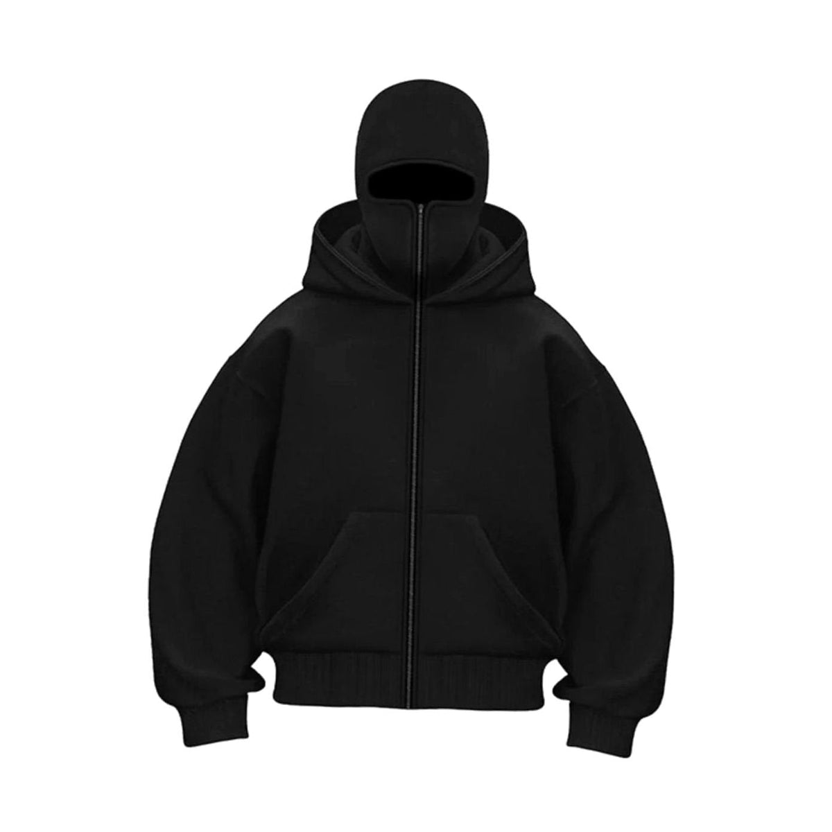Men's Oversized Heavyweight Fleece Zip Hoodie with Balaclava - Black