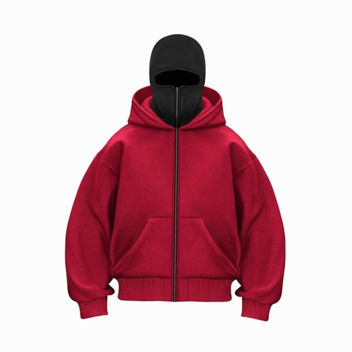 Men's Oversized Heavyweight Fleece Zip Hoodie with Balaclava - Red