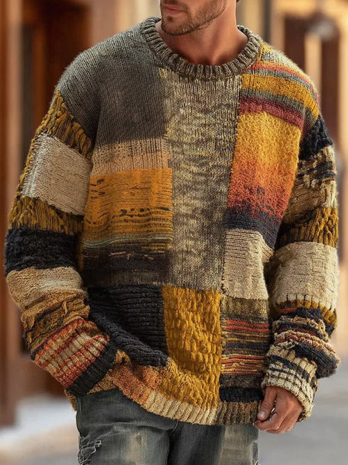 Men's Colorblock Knit Sweater with Patchwork Panels – Multicolor