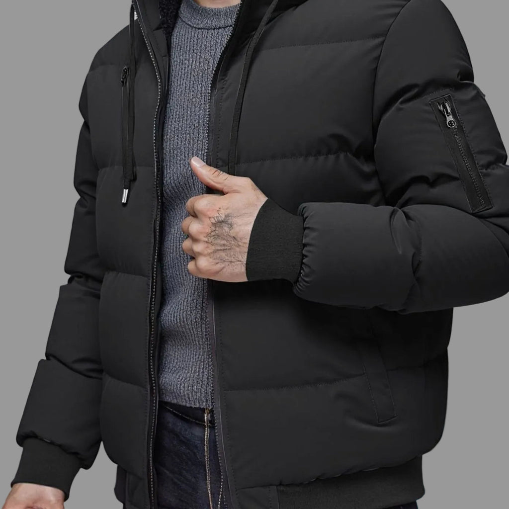 Men's Thick Quilted Winter Jacket with Sleeve Zip Pocket - Black