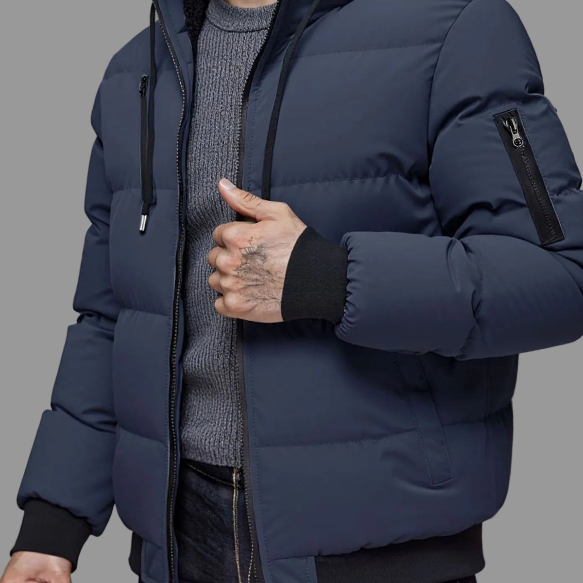 Men's Thick Quilted Winter Jacket with Sleeve Zip Pocket - Navy