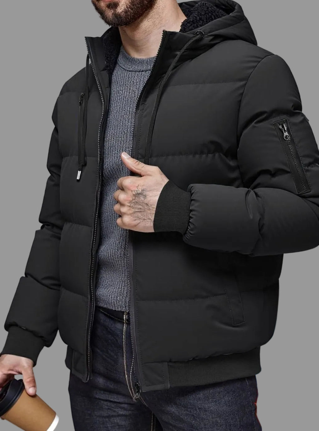 Men's Thick Quilted Winter Jacket with Sleeve Zip Pocket