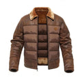 Men's Insulated Quilted Winter Coat with Faux Leather Sleeves - Dark Brown