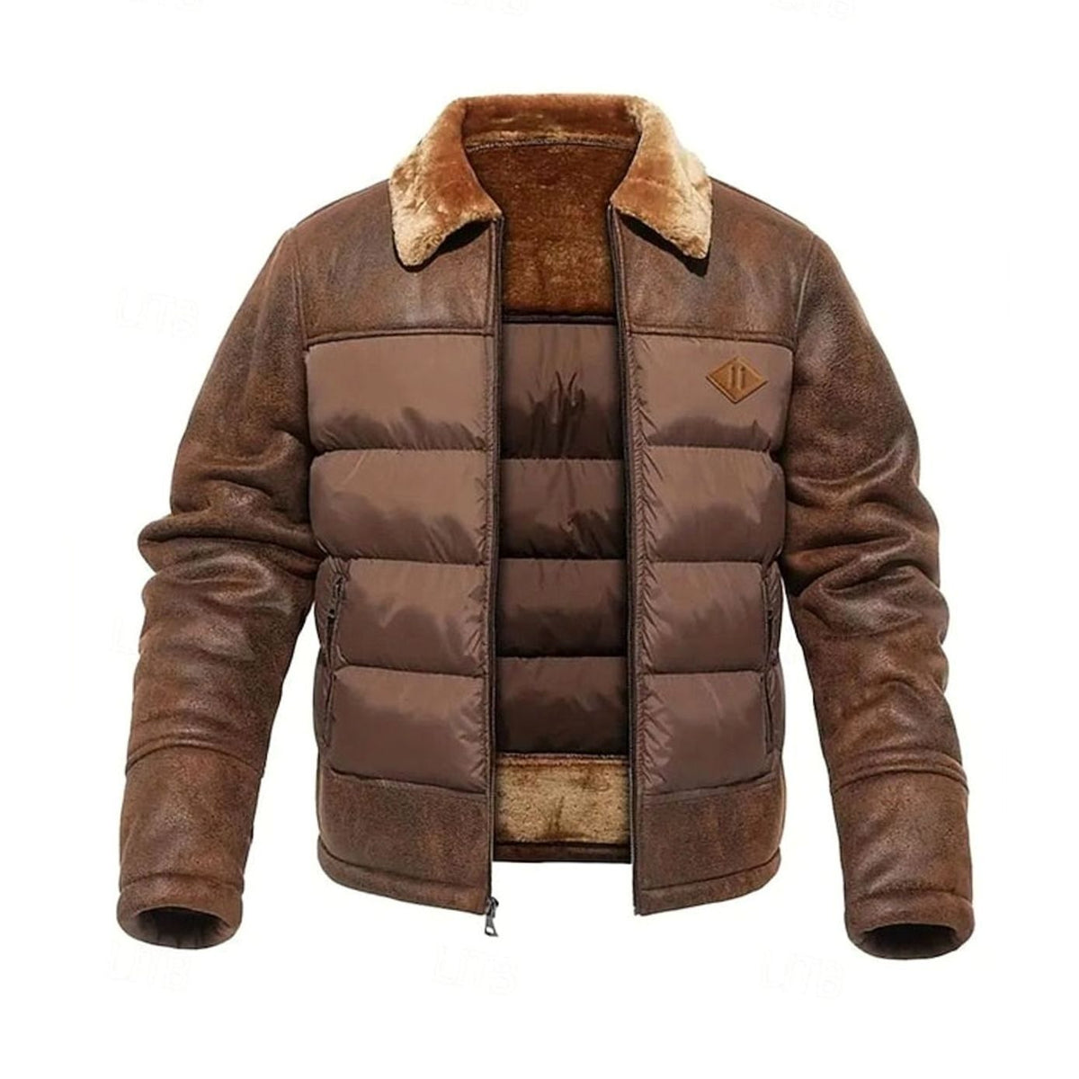 Men's Insulated Quilted Winter Coat with Faux Leather Sleeves - Dark Brown