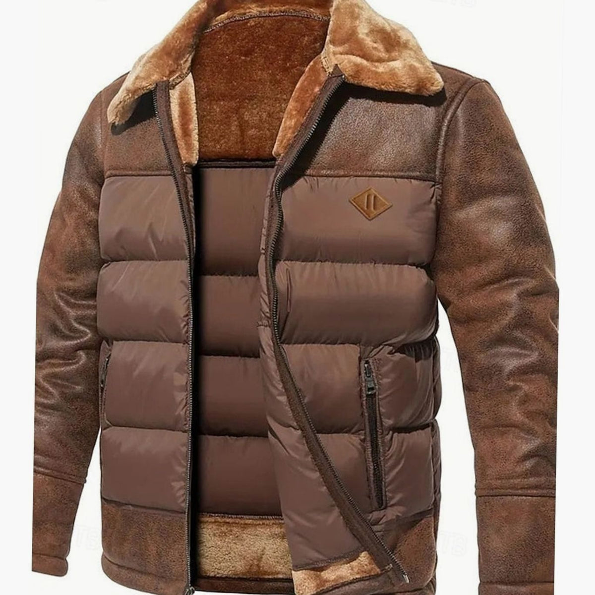 Men's Insulated Quilted Winter Coat with Faux Leather Sleeves