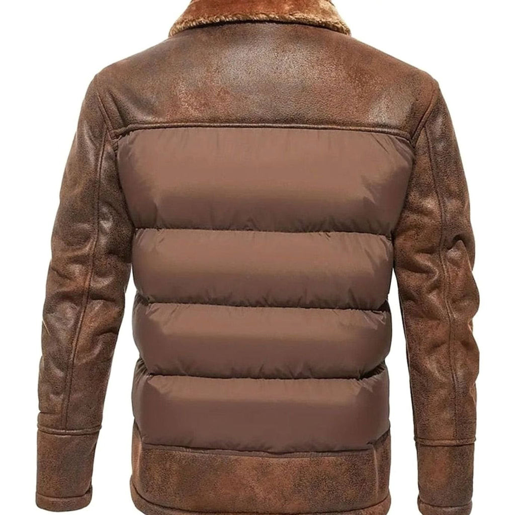 Men's Insulated Quilted Winter Coat with Faux Leather Sleeves