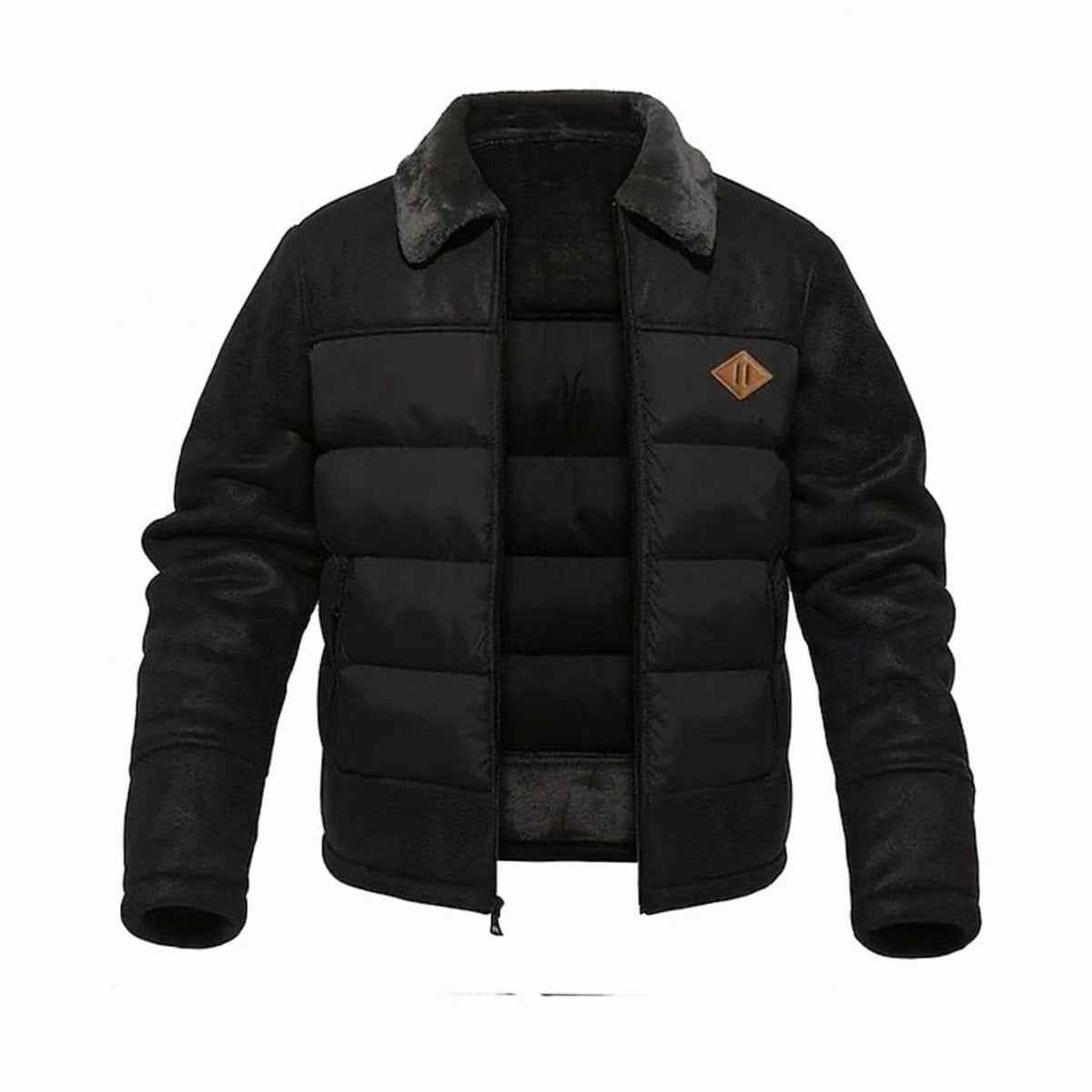 Men's Insulated Quilted Winter Coat with Faux Leather Sleeves - Black