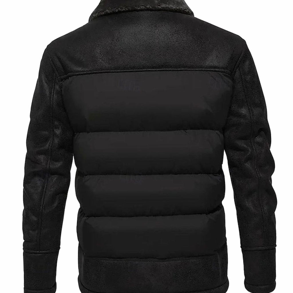 Men's Insulated Quilted Winter Coat with Faux Leather Sleeves