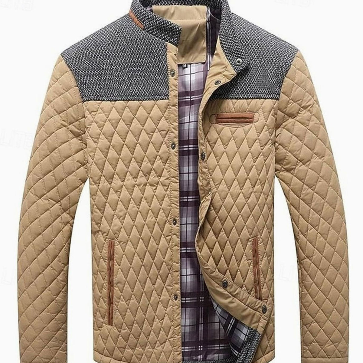 Men's Plaid-Lined Quilted Jacket with Contrast Knit Yoke - Khaki