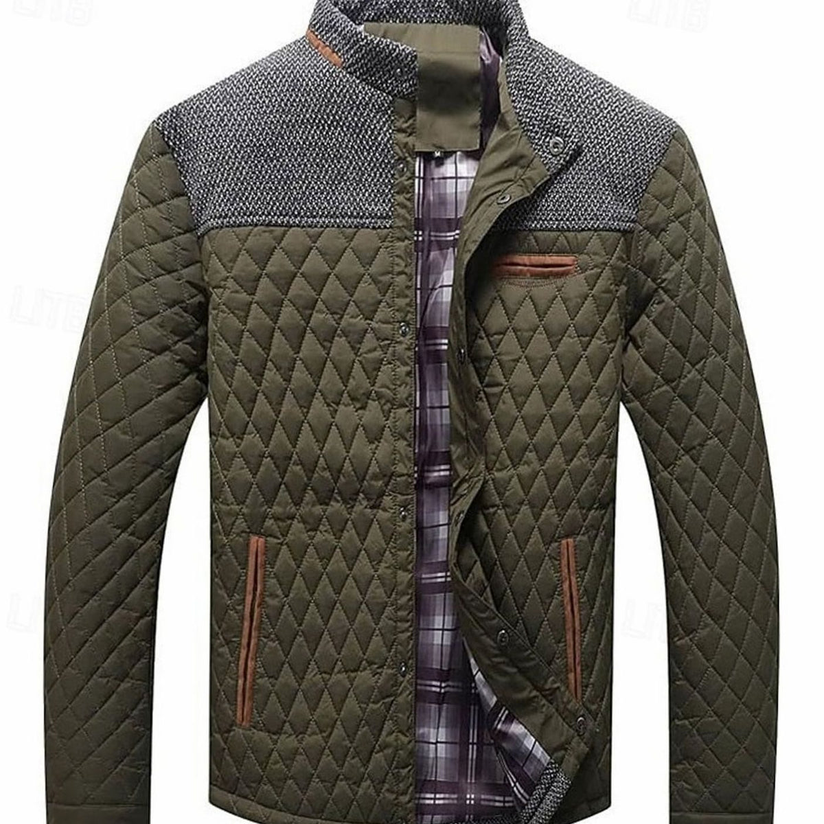 Men's Plaid-Lined Quilted Jacket with Contrast Knit Yoke - Army Green