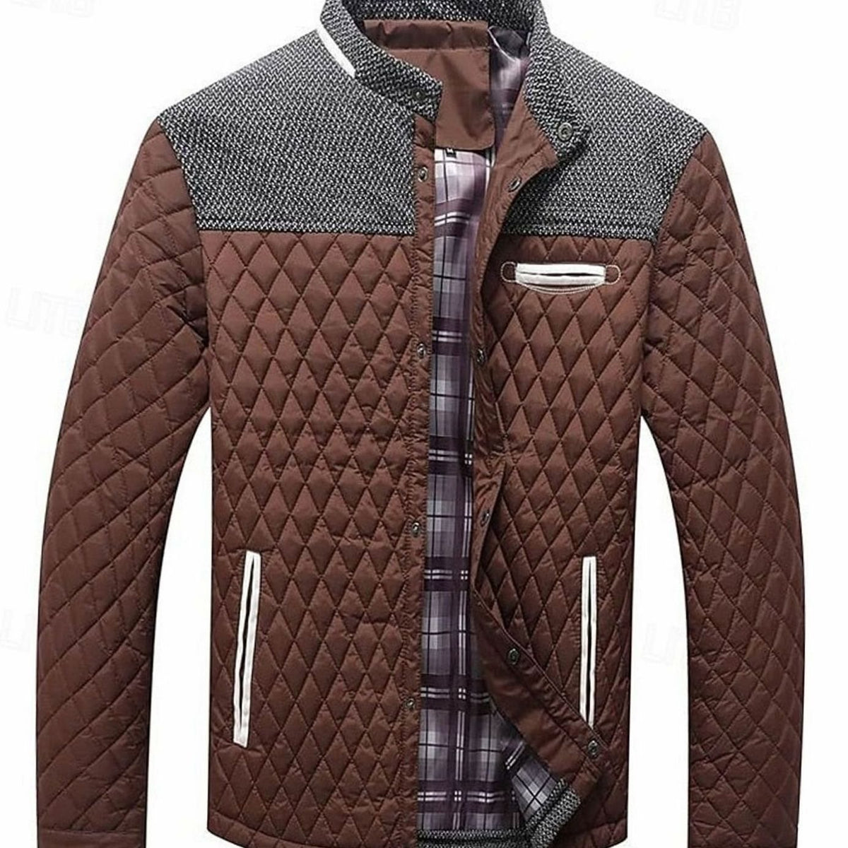 Men's Plaid-Lined Quilted Jacket with Contrast Knit Yoke - Brown