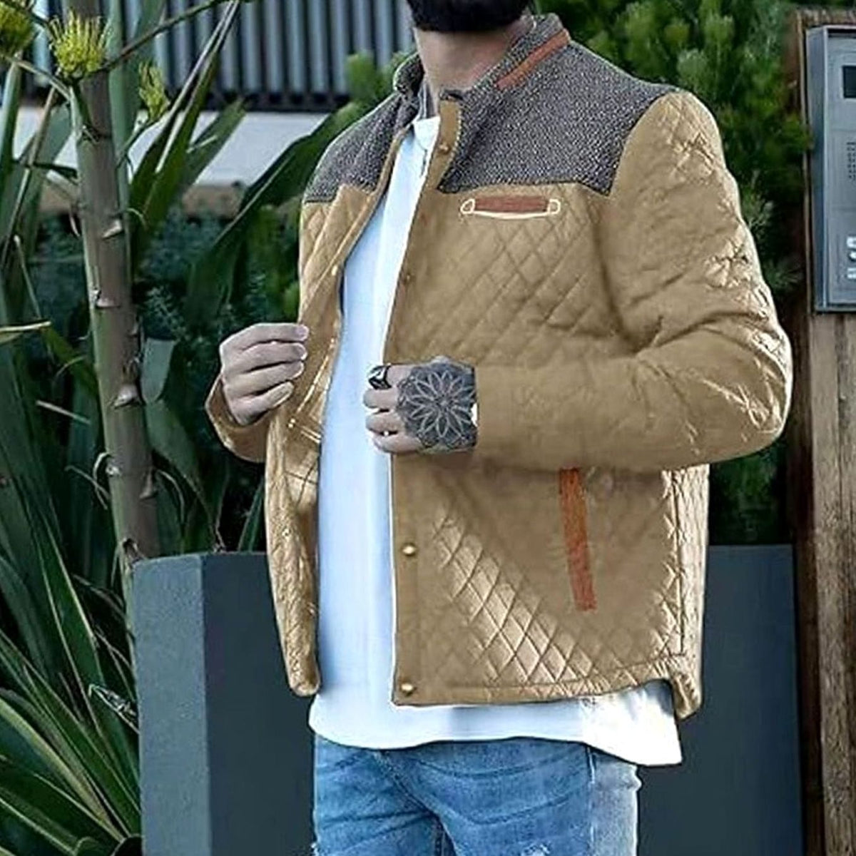 Men's Plaid-Lined Quilted Jacket with Contrast Knit Yoke