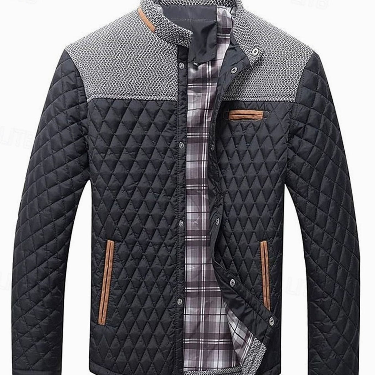 Men's Plaid-Lined Quilted Jacket with Contrast Knit Yoke - Black