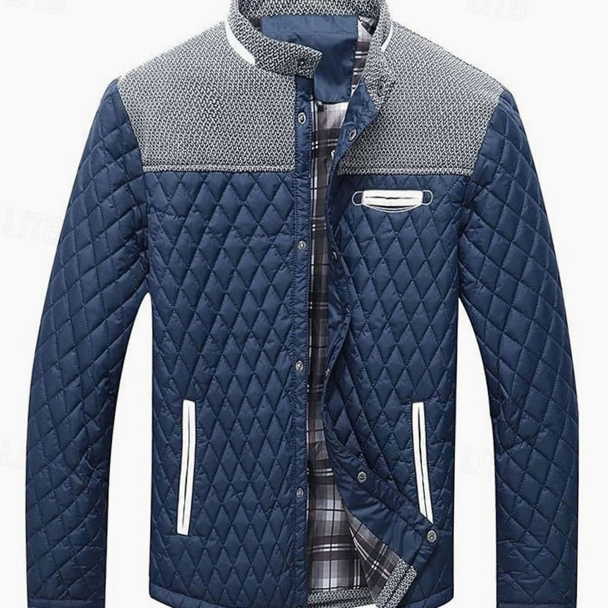 Men's Plaid-Lined Quilted Jacket with Contrast Knit Yoke - Navy Blue