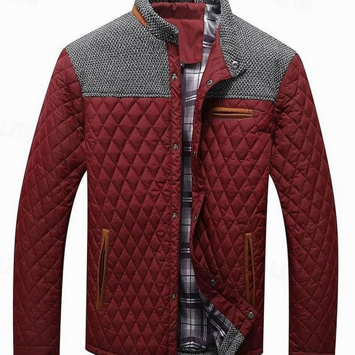 Men's Plaid-Lined Quilted Jacket with Contrast Knit Yoke - Wine
