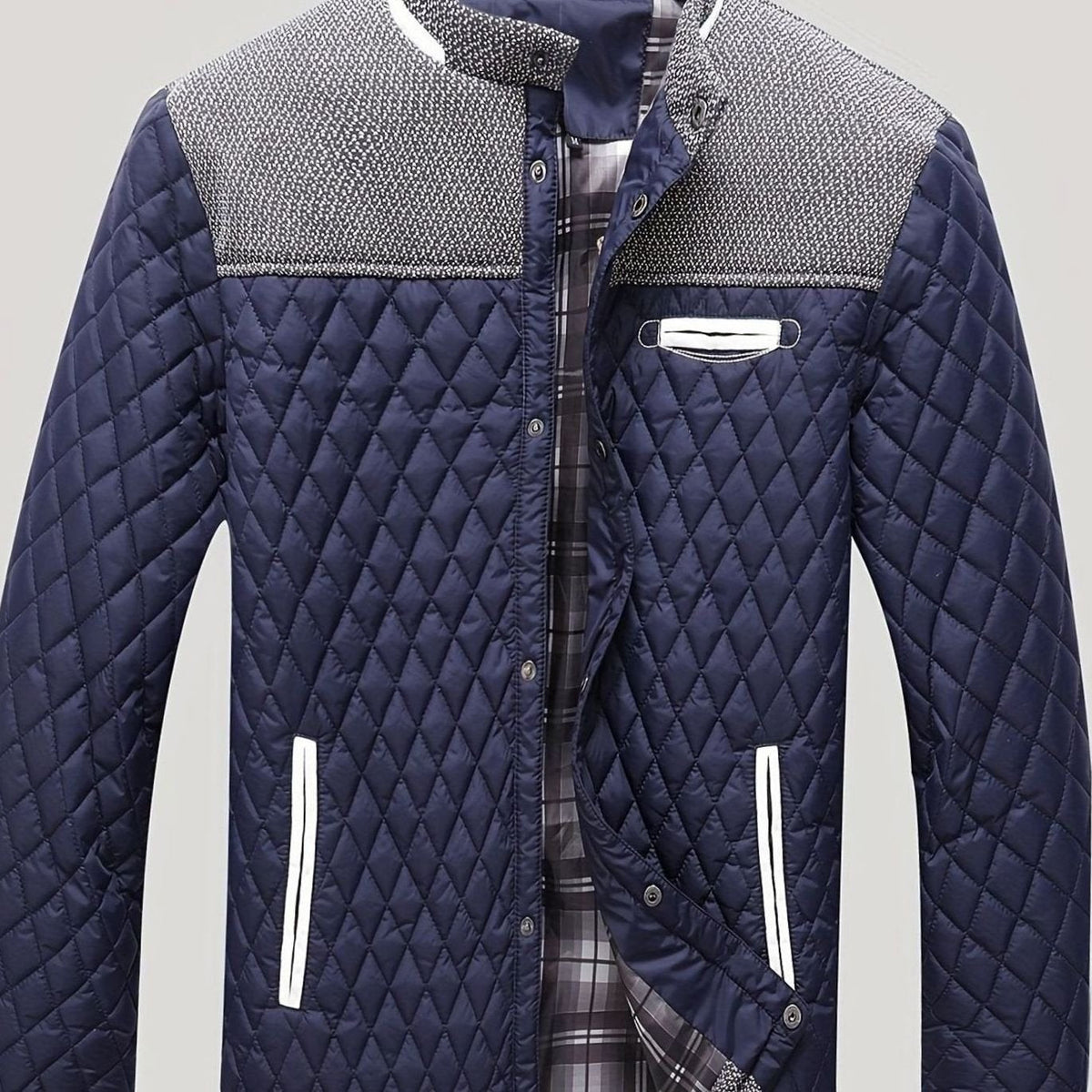 Men's Knit-Yoke Diamond Quilted Jacket with Plaid Lining - Navy