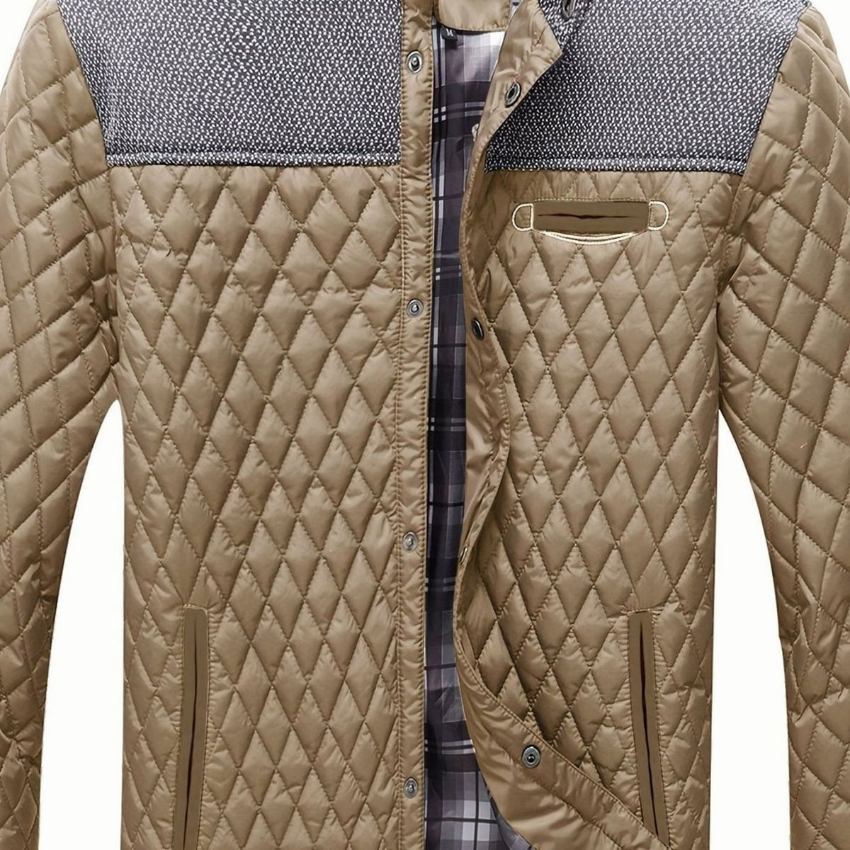 Men's Knit-Yoke Diamond Quilted Jacket with Plaid Lining - Khaki
