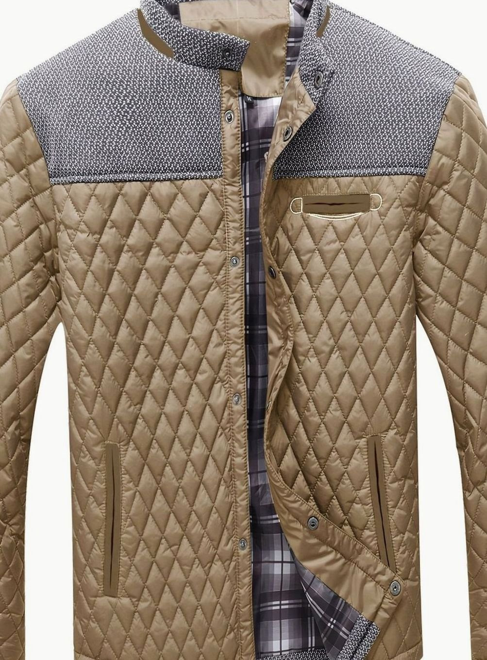 Men's Knit-Yoke Diamond Quilted Jacket with Plaid Lining