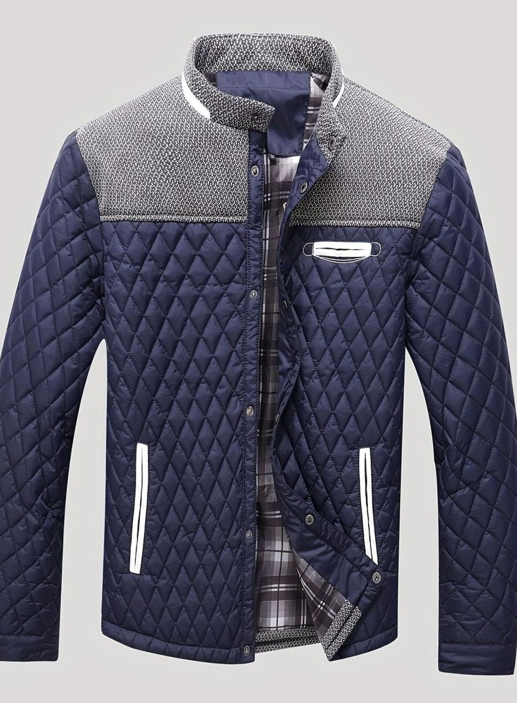 Men's Knit-Yoke Diamond Quilted Jacket with Plaid Lining