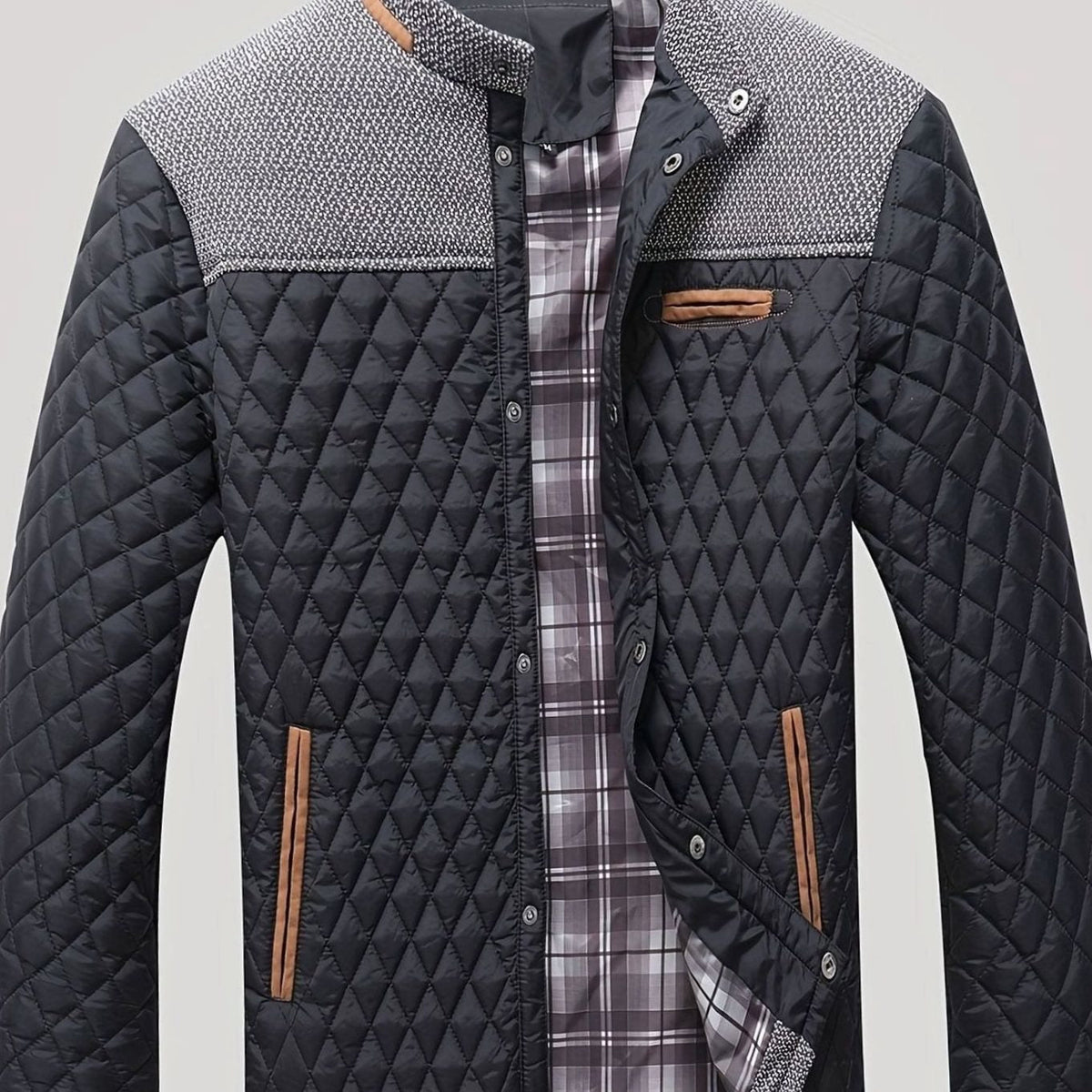 Men's Knit-Yoke Diamond Quilted Jacket with Plaid Lining - Black