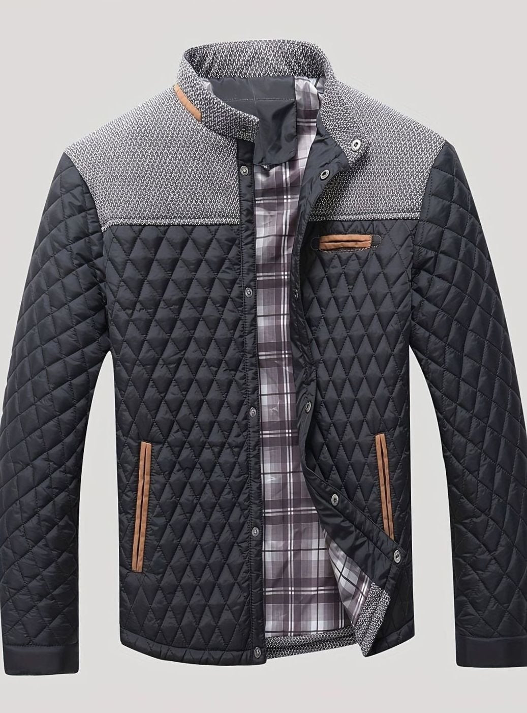 Men's Knit-Yoke Diamond Quilted Jacket with Plaid Lining