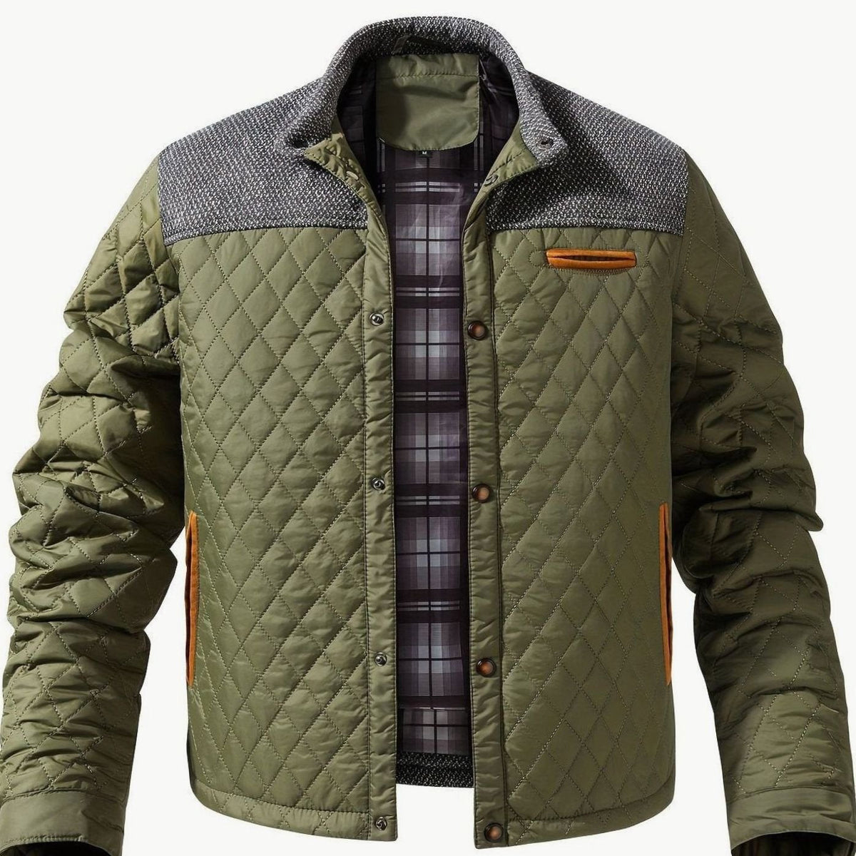 Men's Two-Tone Snap Button Quilted Jacket with Flannel Lining - Fern Green