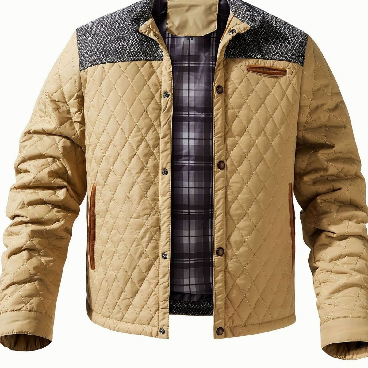 Men's Two-Tone Snap Button Quilted Jacket with Flannel Lining - Ginger