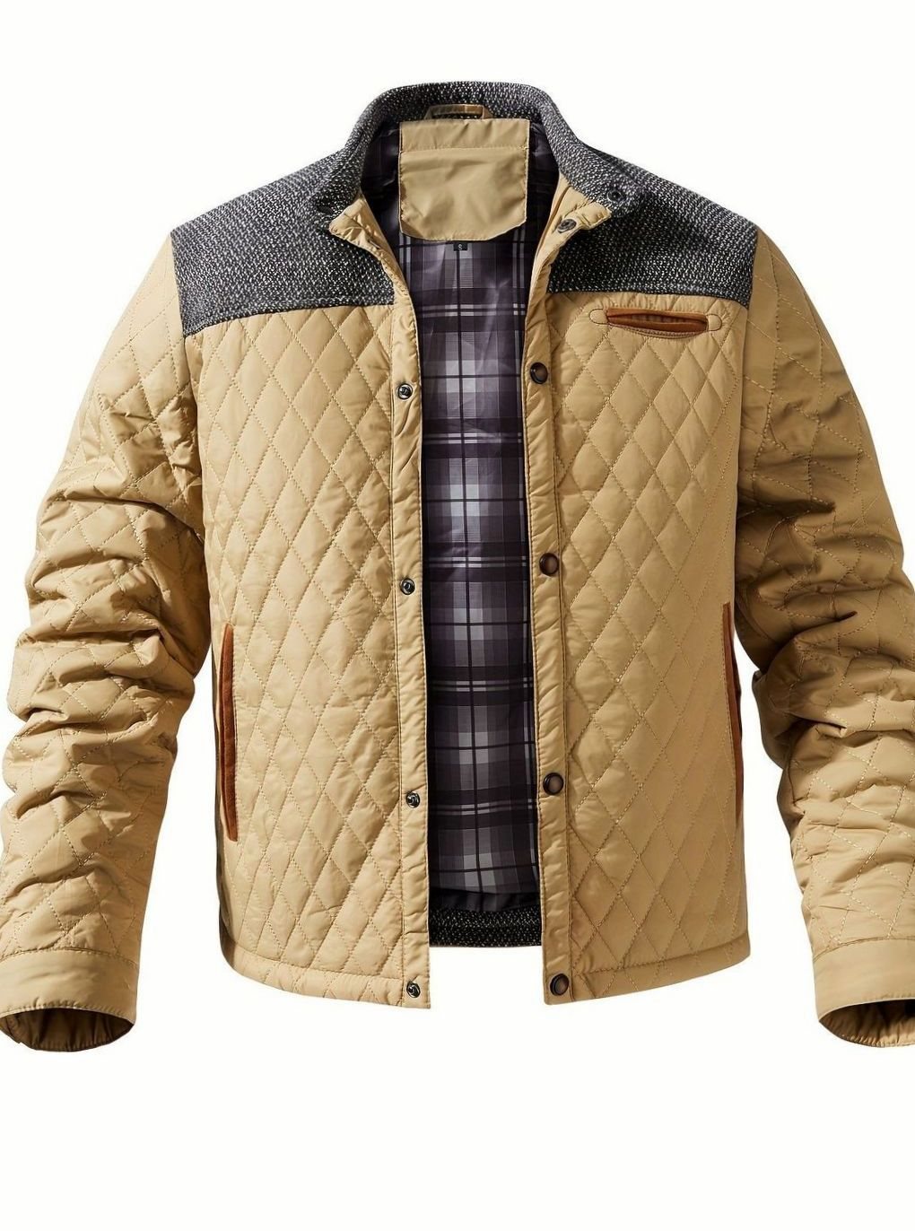 Men's Two-Tone Snap Button Quilted Jacket with Flannel Lining