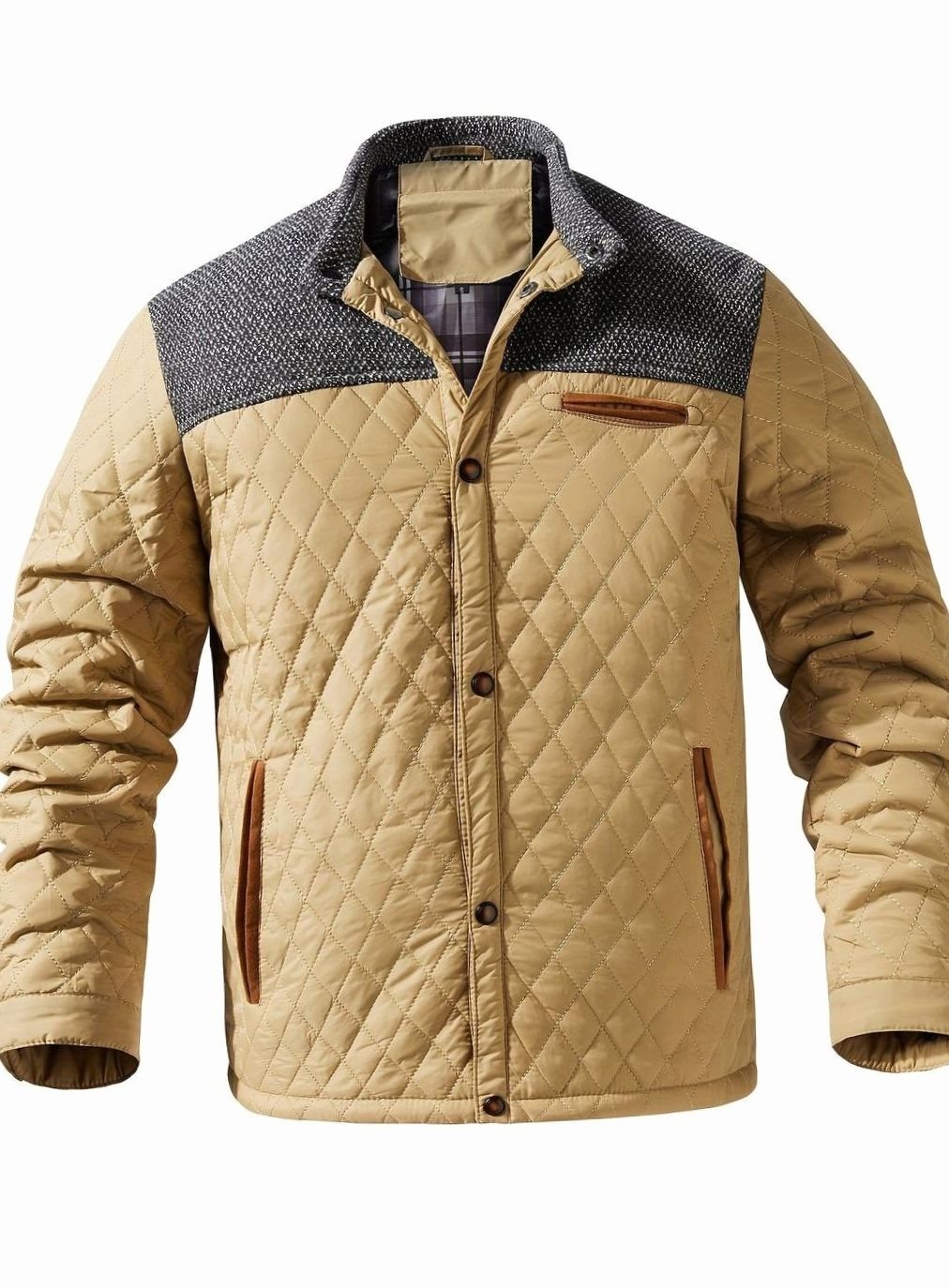 Men's Two-Tone Snap Button Quilted Jacket with Flannel Lining
