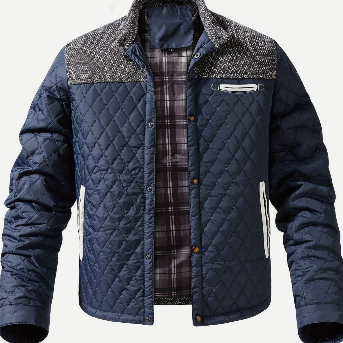 Men's Two-Tone Snap Button Quilted Jacket with Flannel Lining - Navy