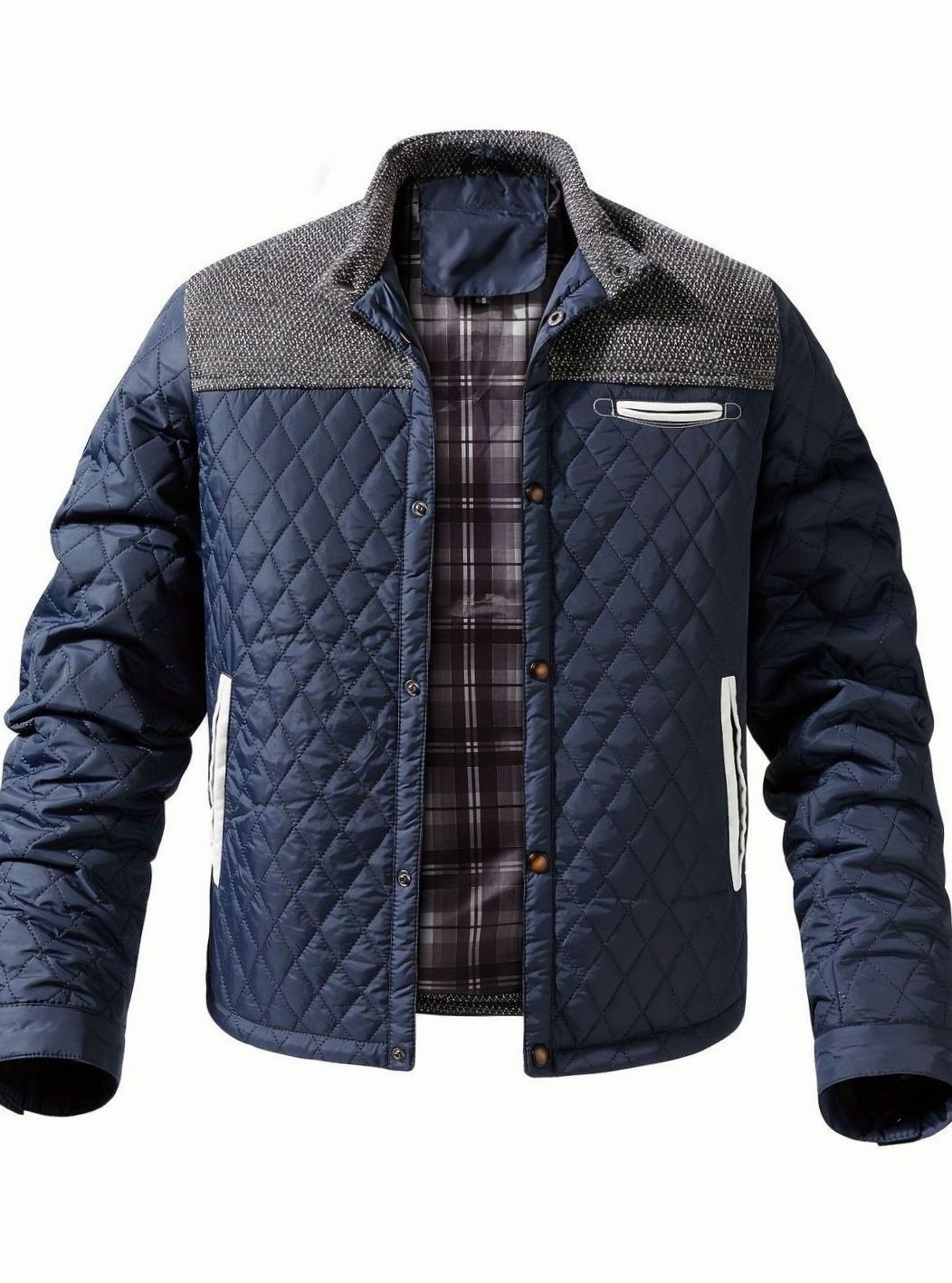 Men's Two-Tone Snap Button Quilted Jacket with Flannel Lining