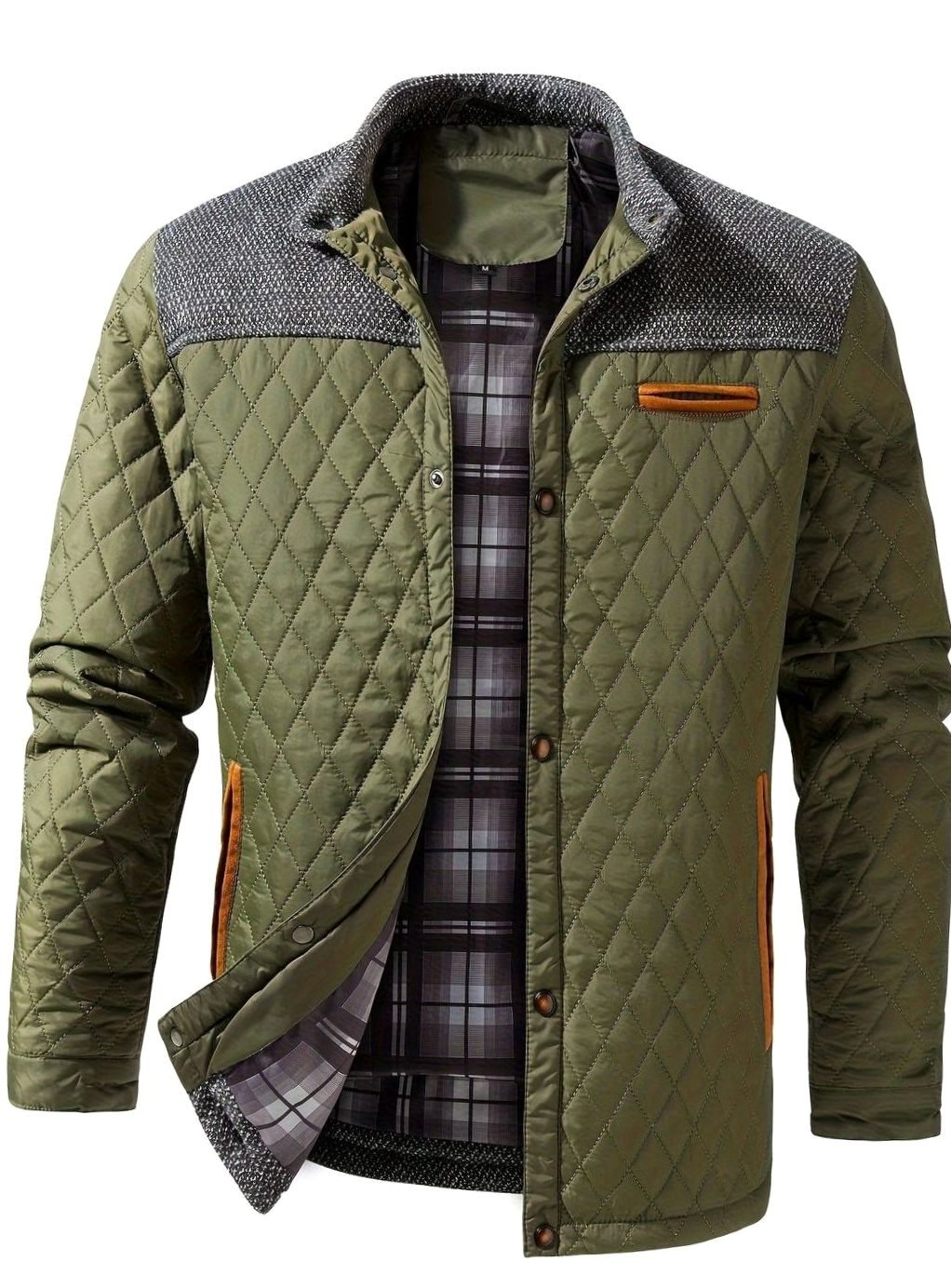 Men's Two-Tone Snap Button Quilted Jacket with Flannel Lining