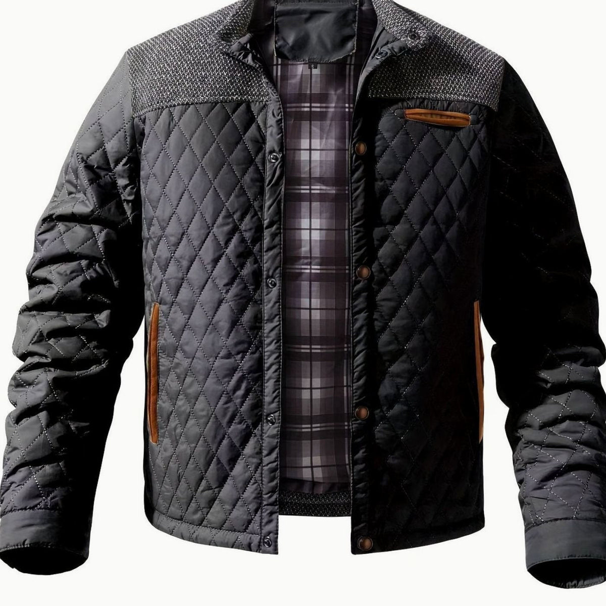 Men's Two-Tone Snap Button Quilted Jacket with Flannel Lining - Black