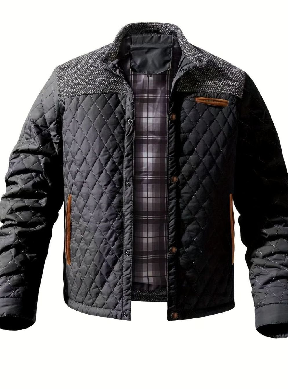 Men's Two-Tone Snap Button Quilted Jacket with Flannel Lining