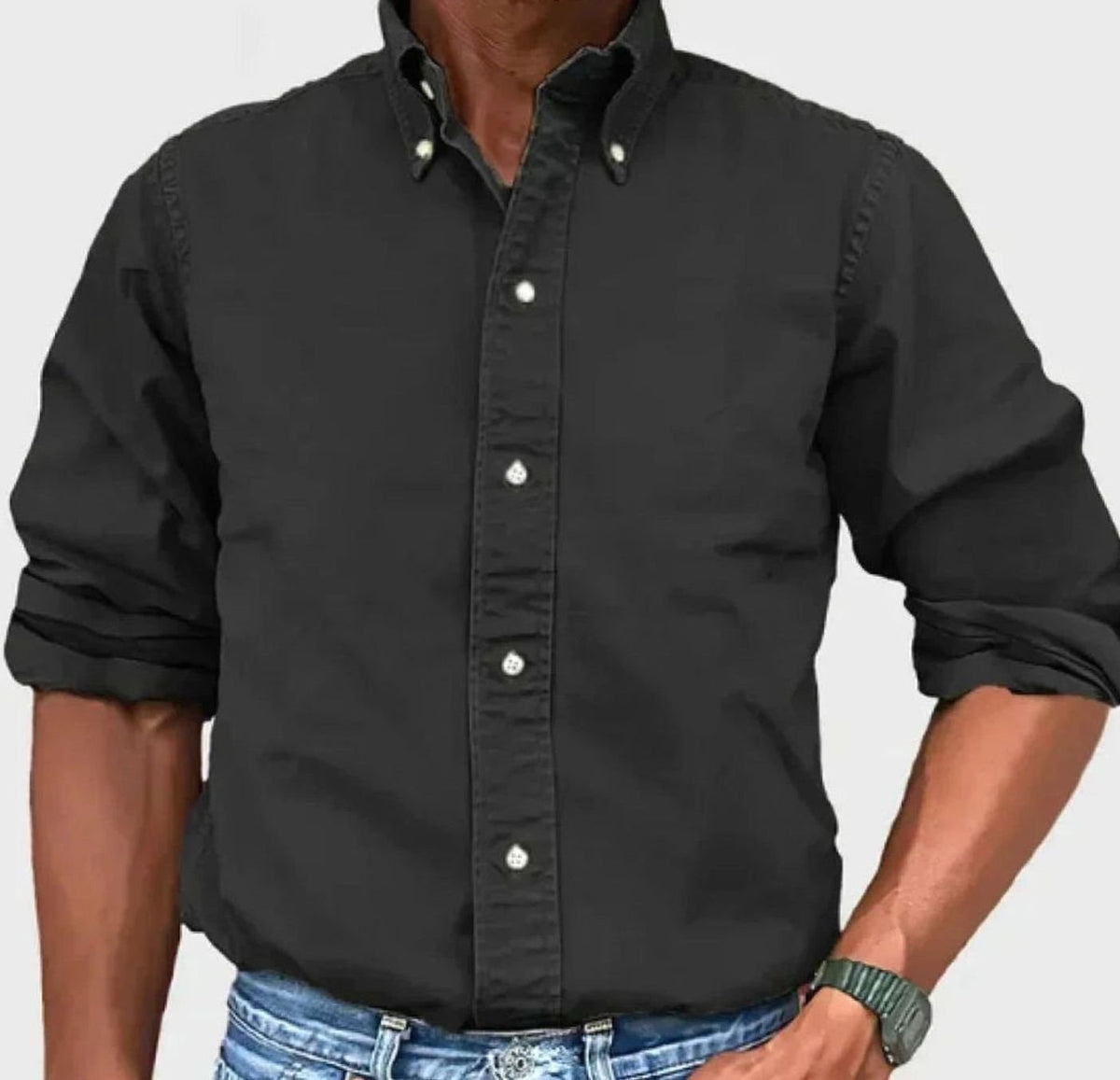 Men's Relaxed-Fit Solid Shirt with Button-Down Collar - Black