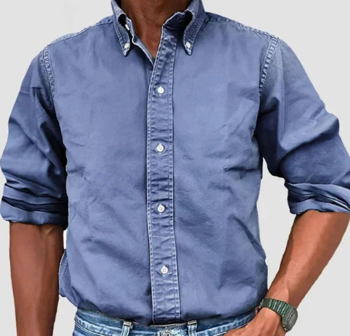 Men's Relaxed-Fit Solid Shirt with Button-Down Collar - Blue