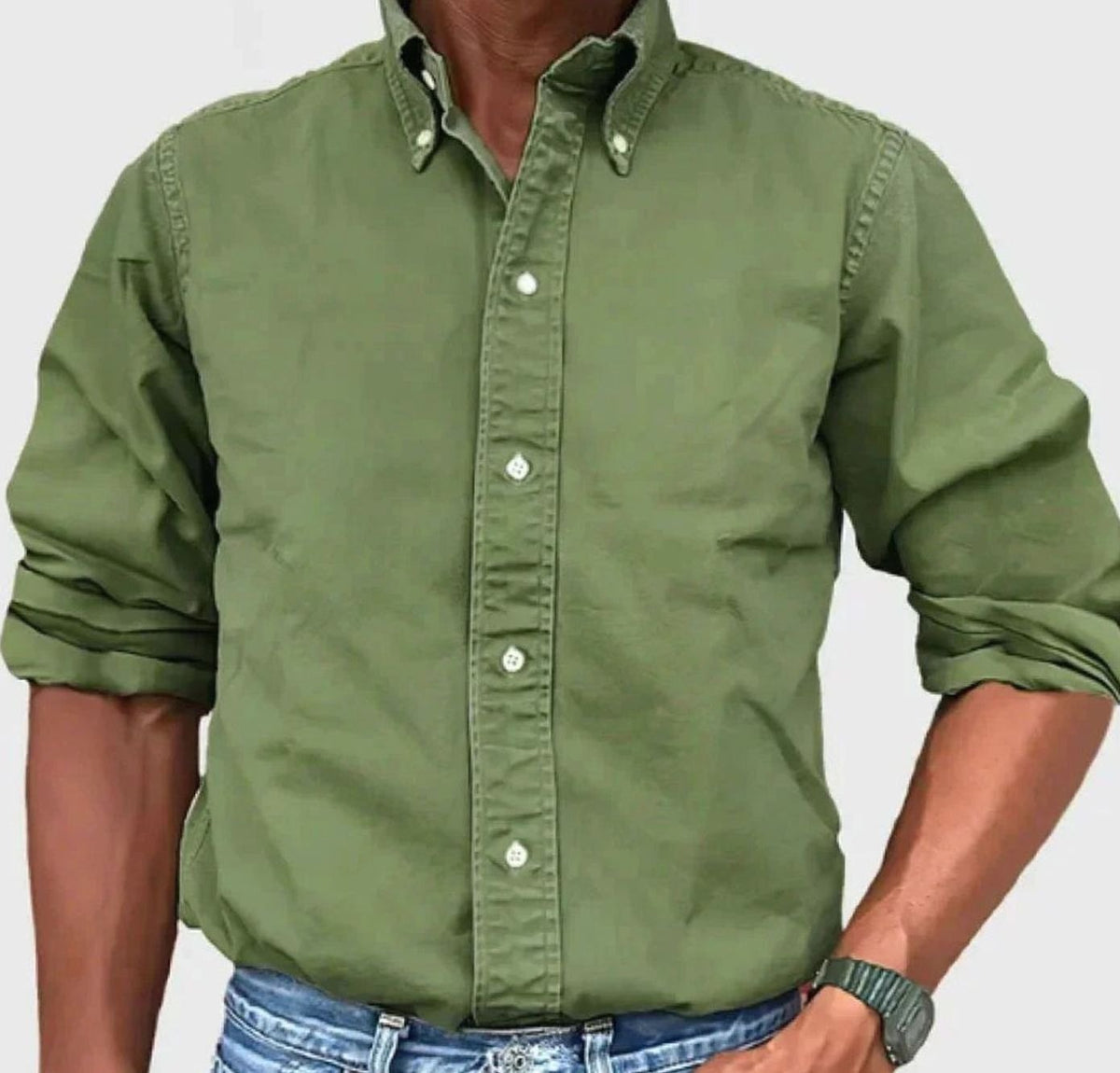 Men's Relaxed-Fit Solid Shirt with Button-Down Collar - Military Green