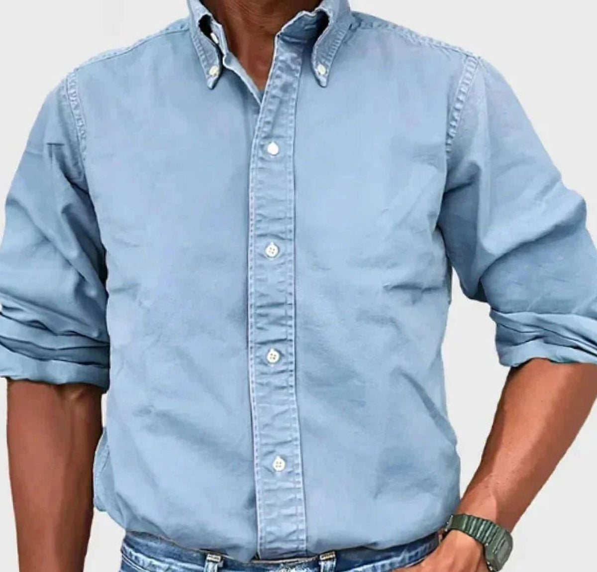 Men's Relaxed-Fit Solid Shirt with Button-Down Collar - Light Blue