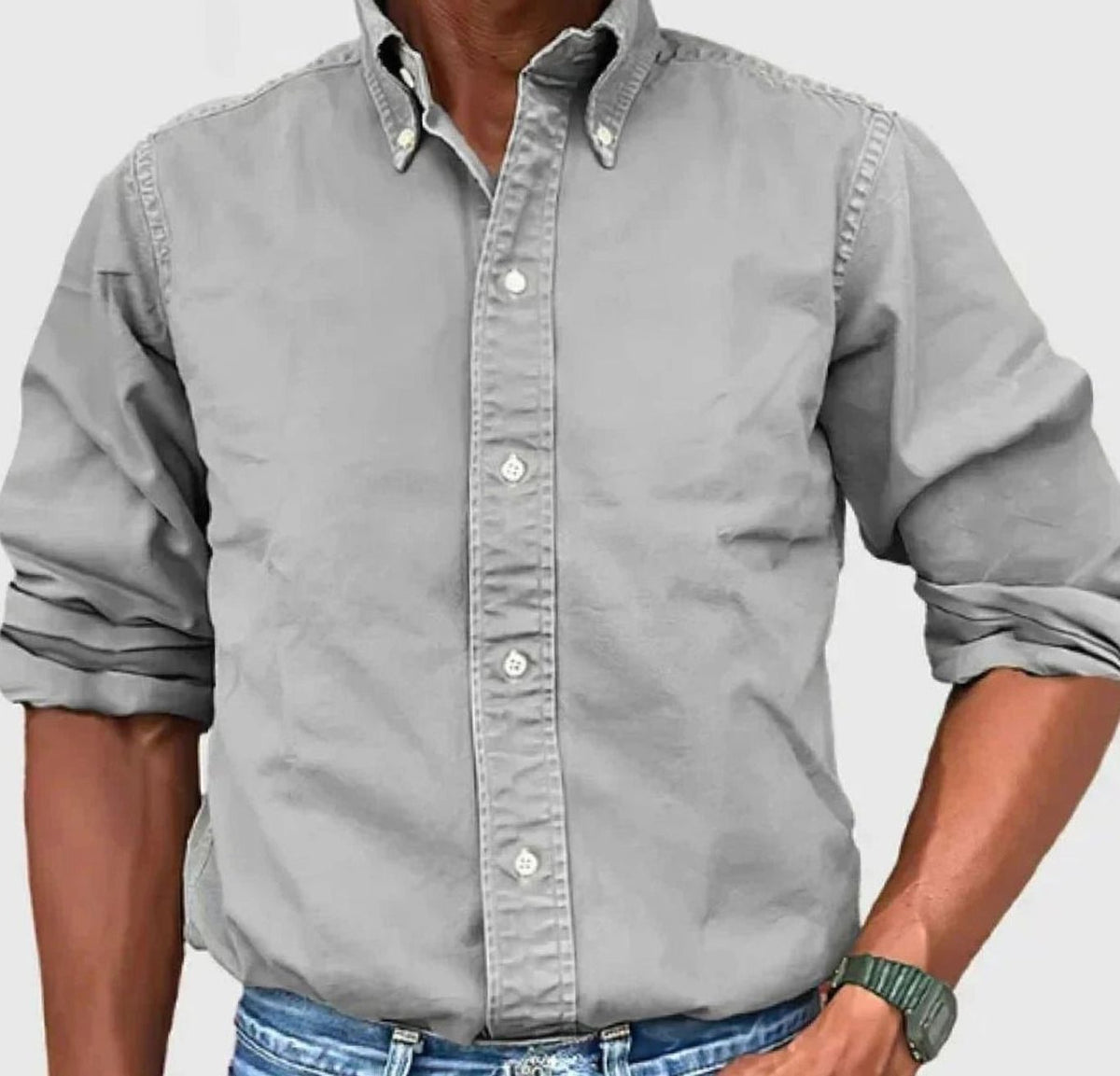 Men's Relaxed-Fit Solid Shirt with Button-Down Collar - Gray