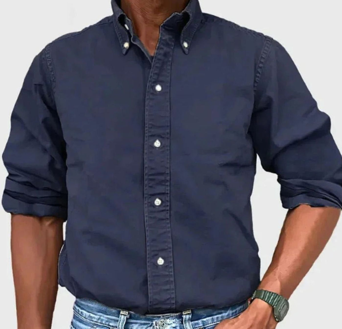 Men's Relaxed-Fit Solid Shirt with Button-Down Collar - Navy Blue