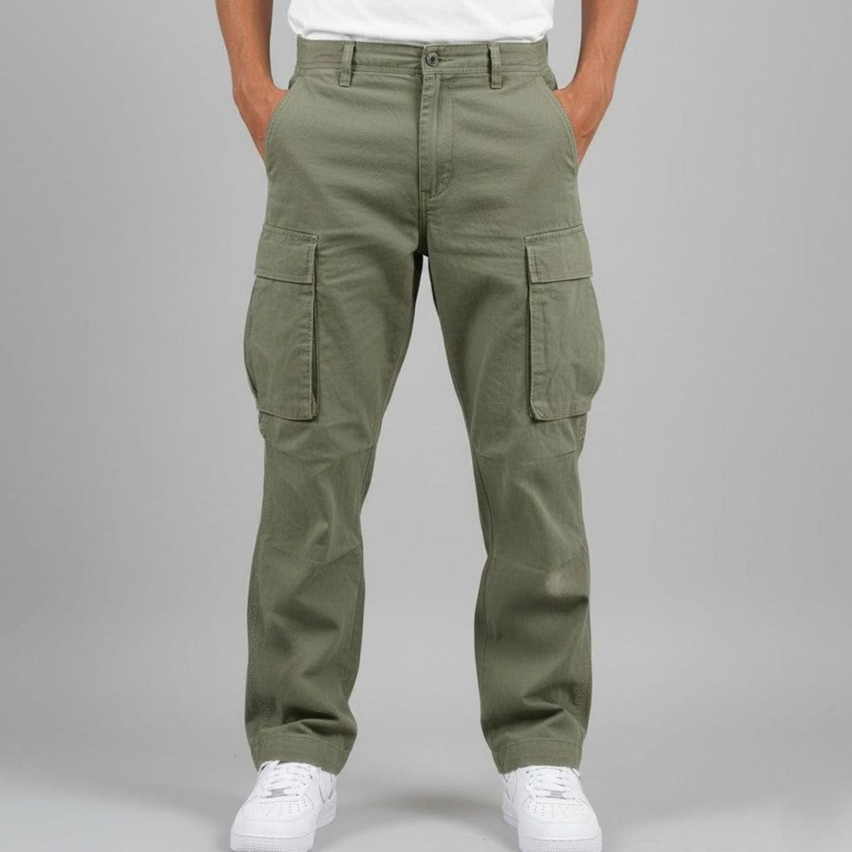 Men's Easy-Fit Urban Cargo Pants with Rear Pockets - Dark Green