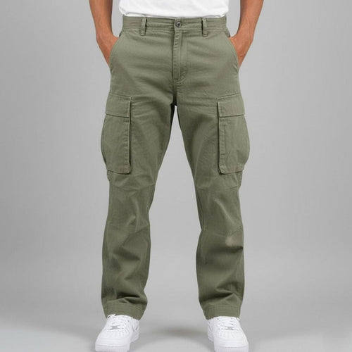 Men's Easy-Fit Urban Cargo Pants with Rear Pockets - Dark Green