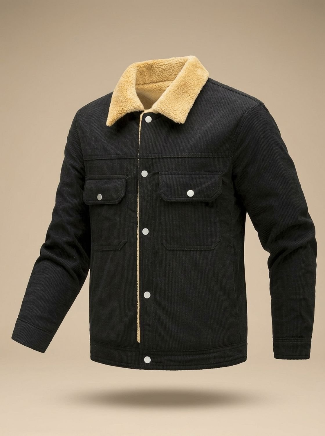 Men's Corduroy Trucker Jacket with Sherpa Collar and Snaps - Black