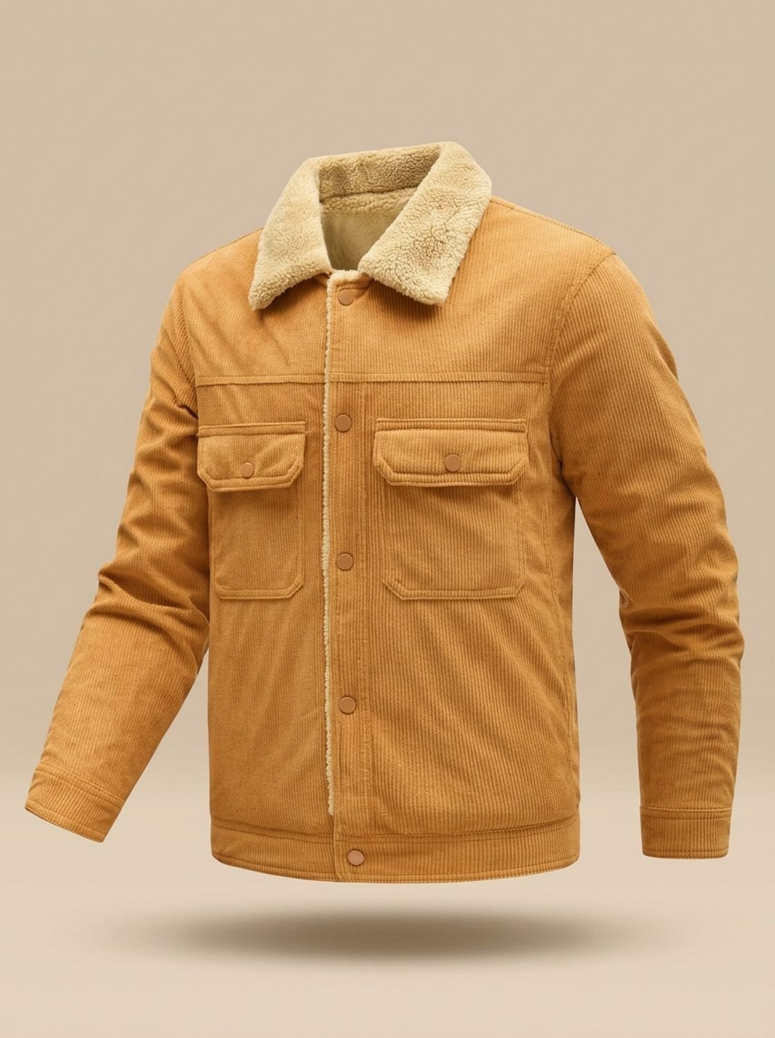 Men's Corduroy Trucker Jacket with Sherpa Collar and Snaps - Caramel