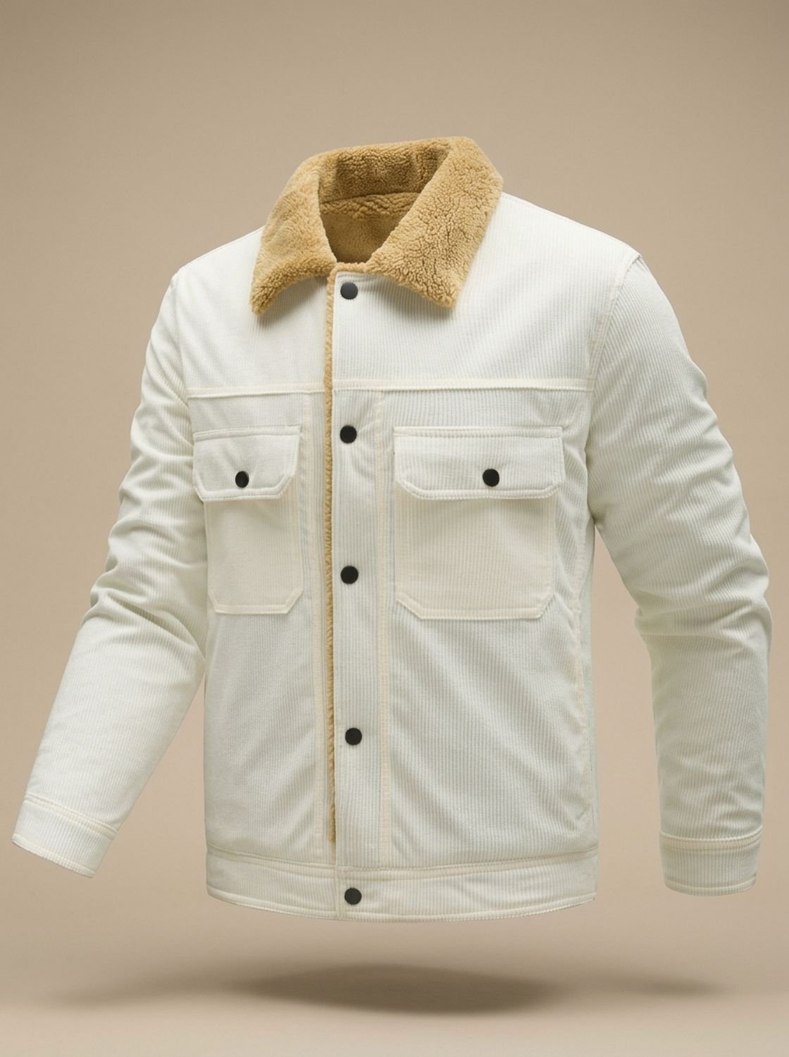 Men's Corduroy Trucker Jacket with Sherpa Collar and Snaps - White