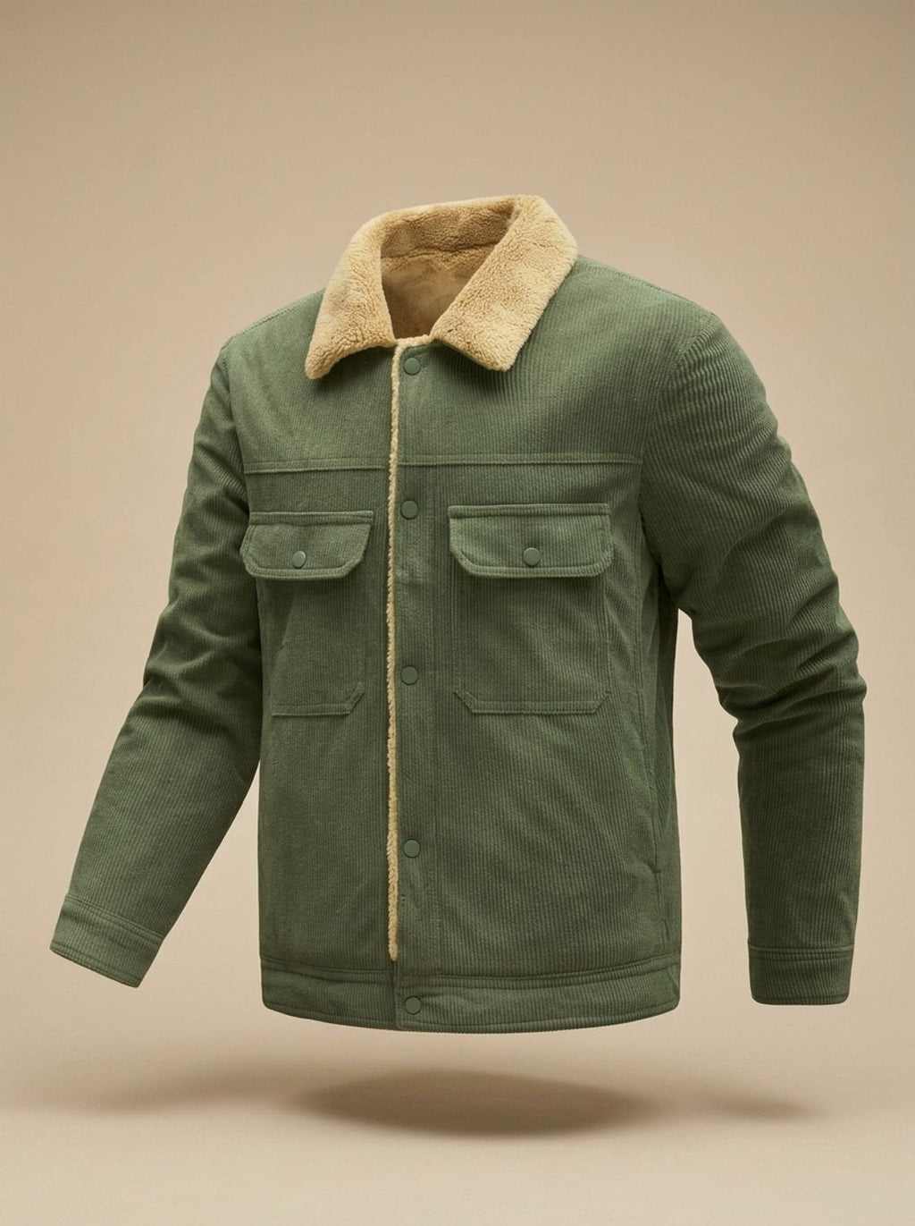 Men's Corduroy Trucker Jacket with Sherpa Collar and Snaps - Olive Green