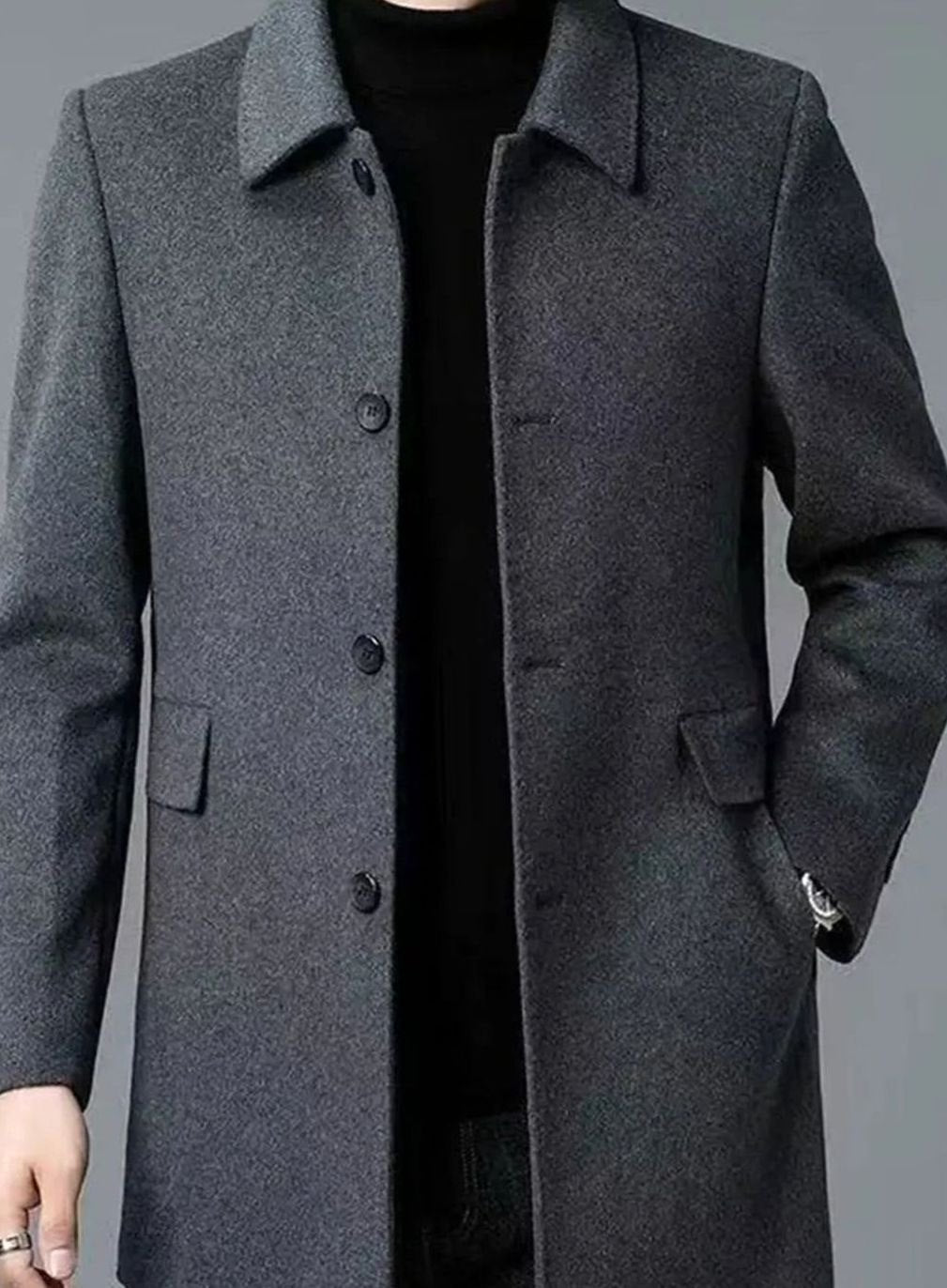 Men's Wool Commuter Coat with Turn-Down Collar and Flap Pockets - Dark Gray