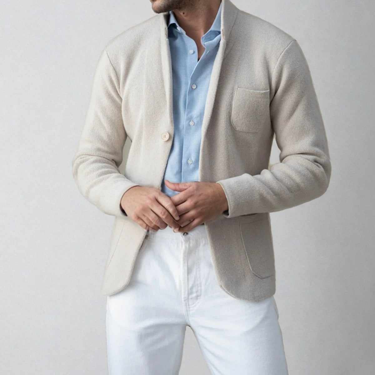 Men's Tailored Knit Blazer Cardigan with Lapel Collar - Beige