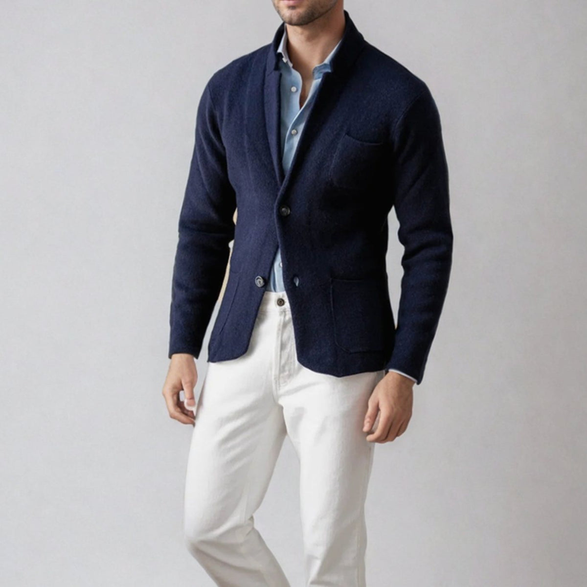 Men's Tailored Knit Blazer Cardigan with Lapel Collar