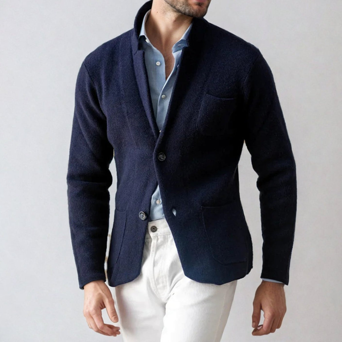 Men's Tailored Knit Blazer Cardigan with Lapel Collar - Navy